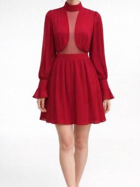 Y2K Backless Red Chiffon Dress French Ruffle Cuffs Size Small